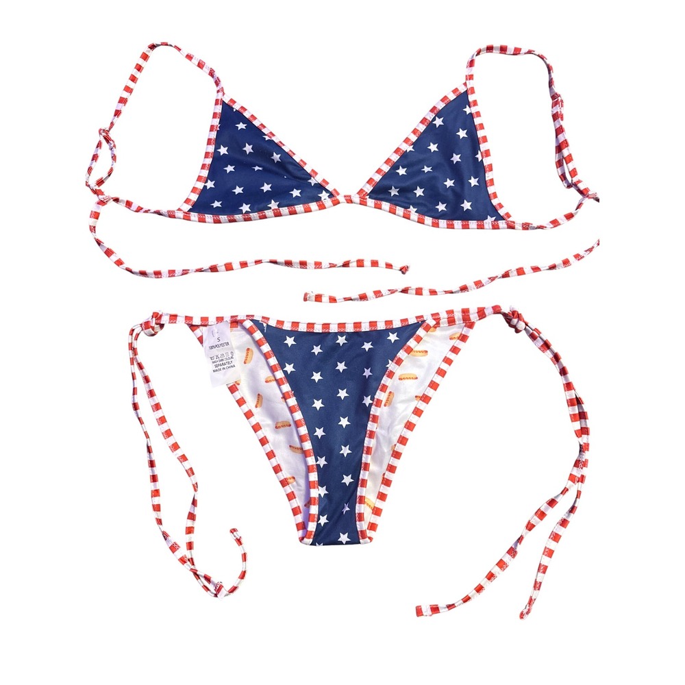 NEW Reversible Patriotic Hot Dog Stars Stripes String Bikini Swimsuit Size S